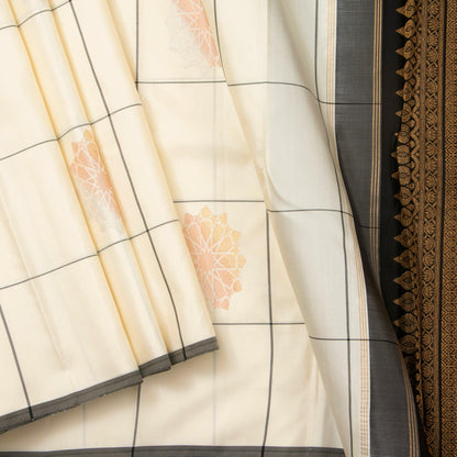Off White And Black Kanchipuram Silk Saree Borderless Handwoven Pure Silk For Festive Wear PV NYC 1277 - Silk Sari - Panjavarnam PV NYC 1277