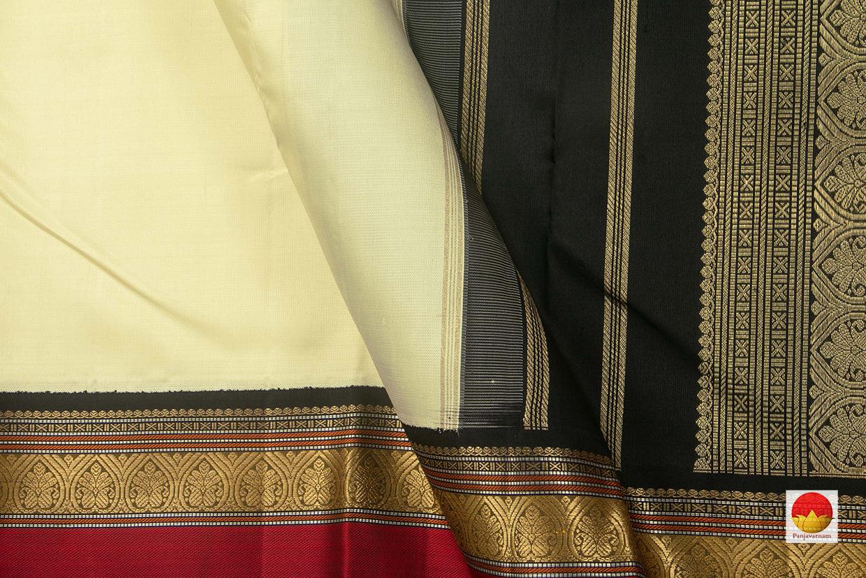 Off White And Black Kanchipuram Silk Saree Handwoven Pure Silk Pure Zari For Festive Wear PV NYC 810 - Silk Sari - Panjavarnam