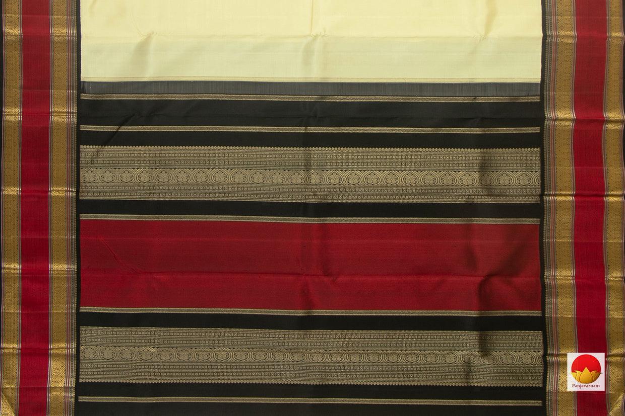 Off White And Black Kanchipuram Silk Saree Handwoven Pure Silk Pure Zari For Festive Wear PV NYC 810 - Silk Sari - Panjavarnam