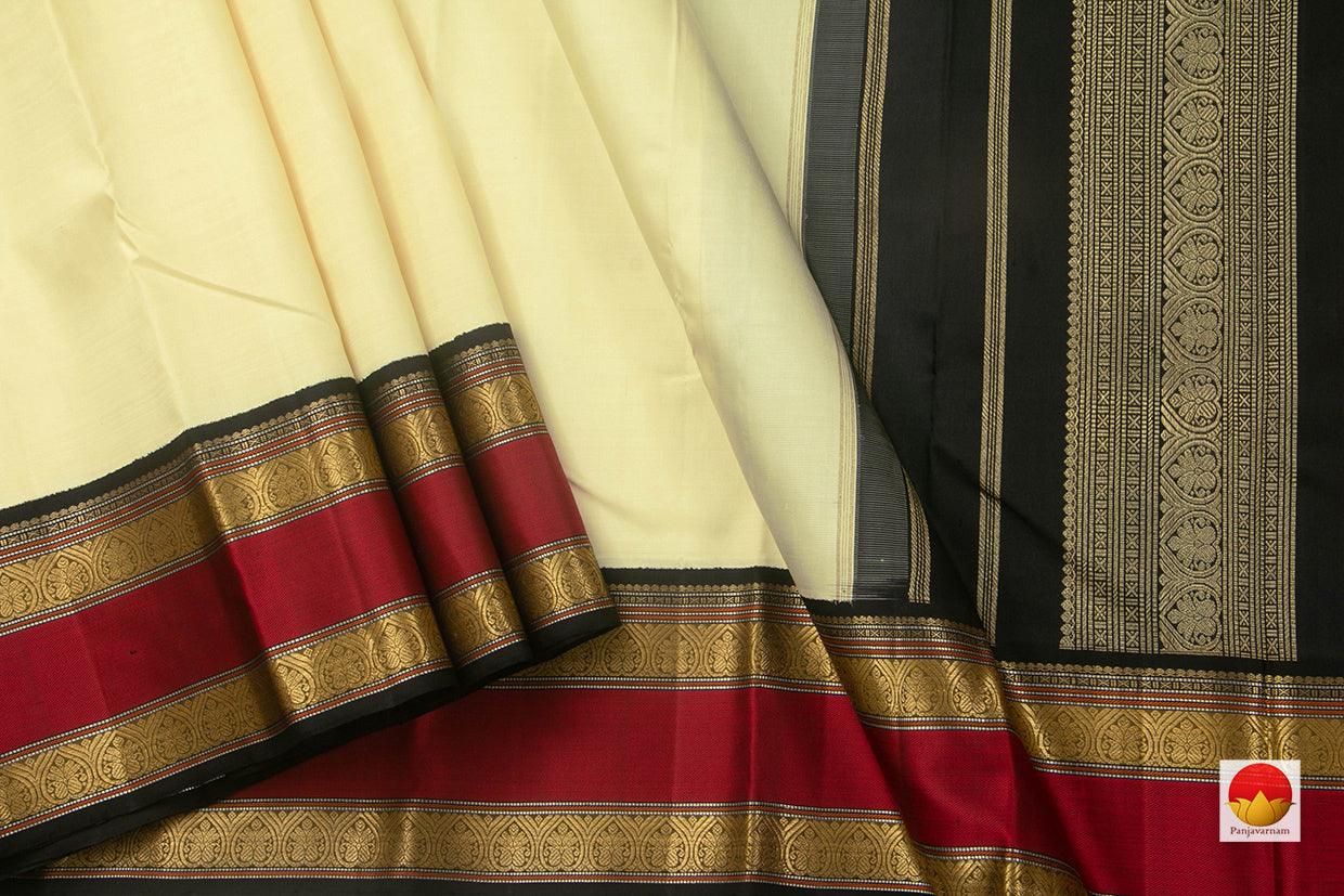 Off White And Black Kanchipuram Silk Saree Handwoven Pure Silk Pure Zari For Festive Wear PV NYC 810 - Silk Sari - Panjavarnam PV NYC 810