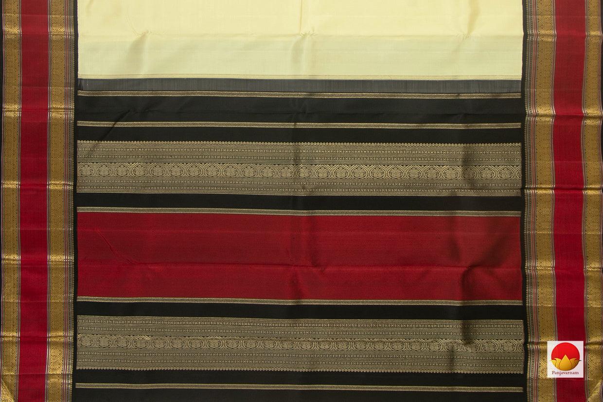 Off White And Black Kanchipuram Silk Saree Handwoven Pure Silk Pure Zari For Festive Wear PV NYC 810 - Silk Sari - Panjavarnam PV NYC 810