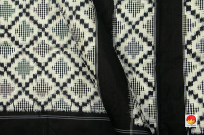 Off White And Black Pochampally Silk Saree Double Ikat Handwoven Pure Silk For Office Wear PIK 358 - Pochampally Silk - Panjavarnam