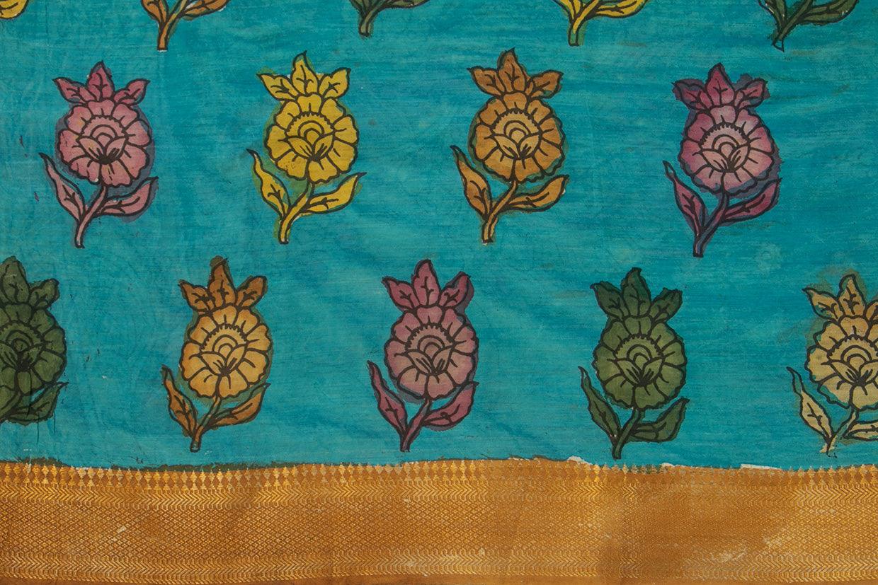 Off White And Blue Handpainted Kalamkari Mangalgiri Silk Saree Organic Dyes For Office Wear PKMS 57 - Kalamkari Silk - Panjavarnam PKMS 57