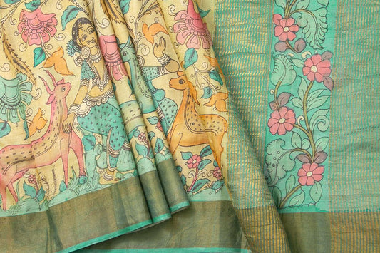 Off White And Blue Kalamkari Tussar Silk Saree Handpainted Floral And Dancing Girl Patterns Organic Vegetable Dyes PT K VSR 101 - Tussar Silk - Panjavarnam