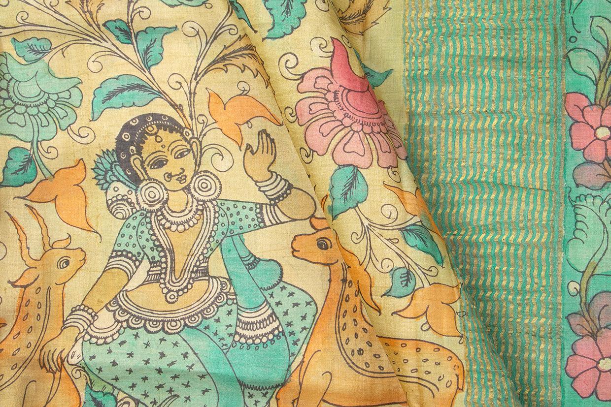 Off White And Blue Kalamkari Tussar Silk Saree Handpainted Floral And Dancing Girl Patterns Organic Vegetable Dyes PT K VSR 101 - Tussar Silk - Panjavarnam