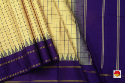 Off White And Blue Kanchipuram Silk Saree Handwoven Pure Silk No Zari For Office Wear PV KNN 145 - Silk Sari - Panjavarnam