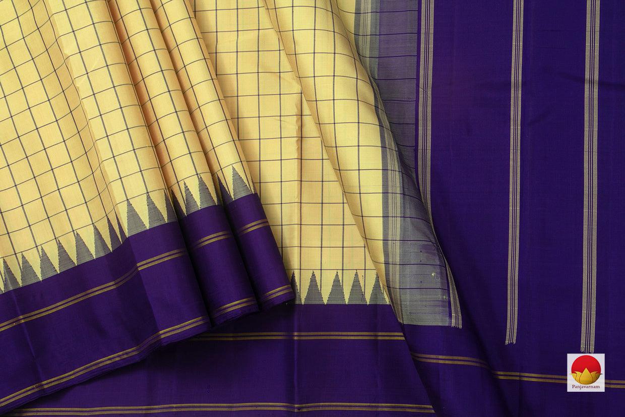 Off White And Blue Kanchipuram Silk Saree Handwoven Pure Silk No Zari For Office Wear PV KNN 145 - Silk Sari - Panjavarnam PV KNN 145