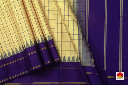 Off White And Blue Kanchipuram Silk Saree Handwoven Pure Silk No Zari For Office Wear PV KNN 145 - Silk Sari - Panjavarnam PV KNN 145