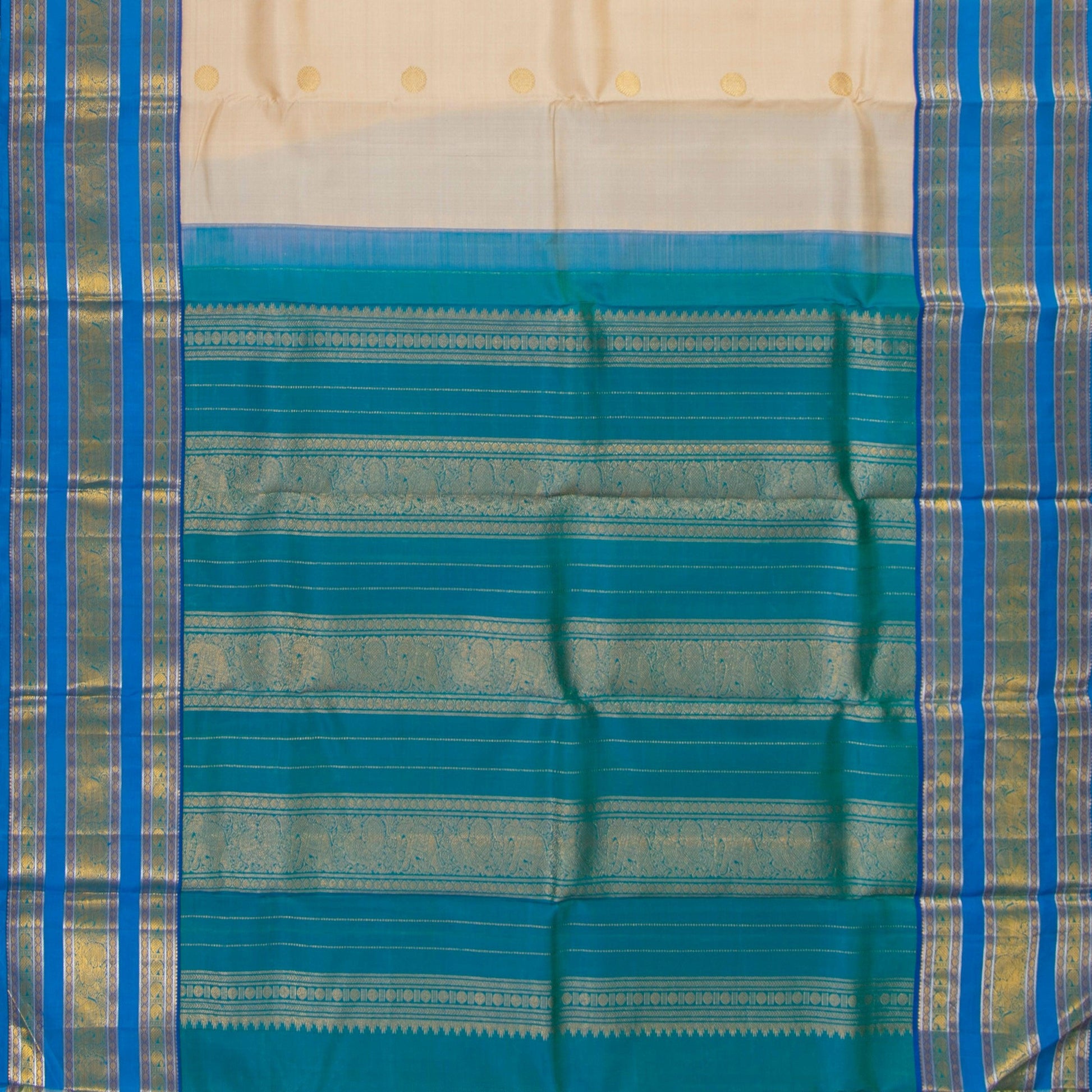 Off White And Blue Kanchipuram Silk Saree With Medium Border Handwoven Pure Silk For Festive Wear PV J 3762 - Silk Sari - Panjavarnam PV J 3762
