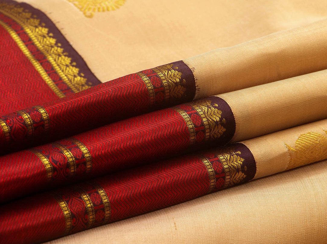 Off White And Brown Kanchipuram Silk Saree Handwoven Pure Silk Pure Zari For Festive Wear PV NYC 782 - Silk Sari - Panjavarnam