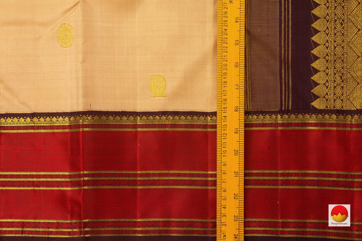 Off White And Brown Kanchipuram Silk Saree Handwoven Pure Silk Pure Zari For Festive Wear PV NYC 782 - Silk Sari - Panjavarnam
