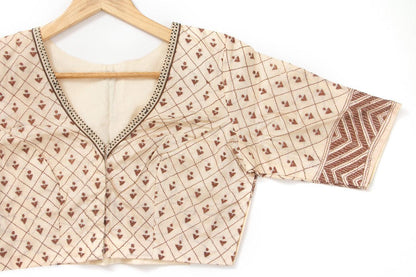 Off White And Brown Kantha Work Tussar Readymade Blouse PV BL 148 - Blouse - Panjavarnam PV BL 148