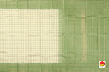 Off White And Elachi Green Kanchipuram Silk Saree With Medium Border Handwoven Pure Silk For Festive Wear PV NYC 1006 - Silk Sari - Panjavarnam