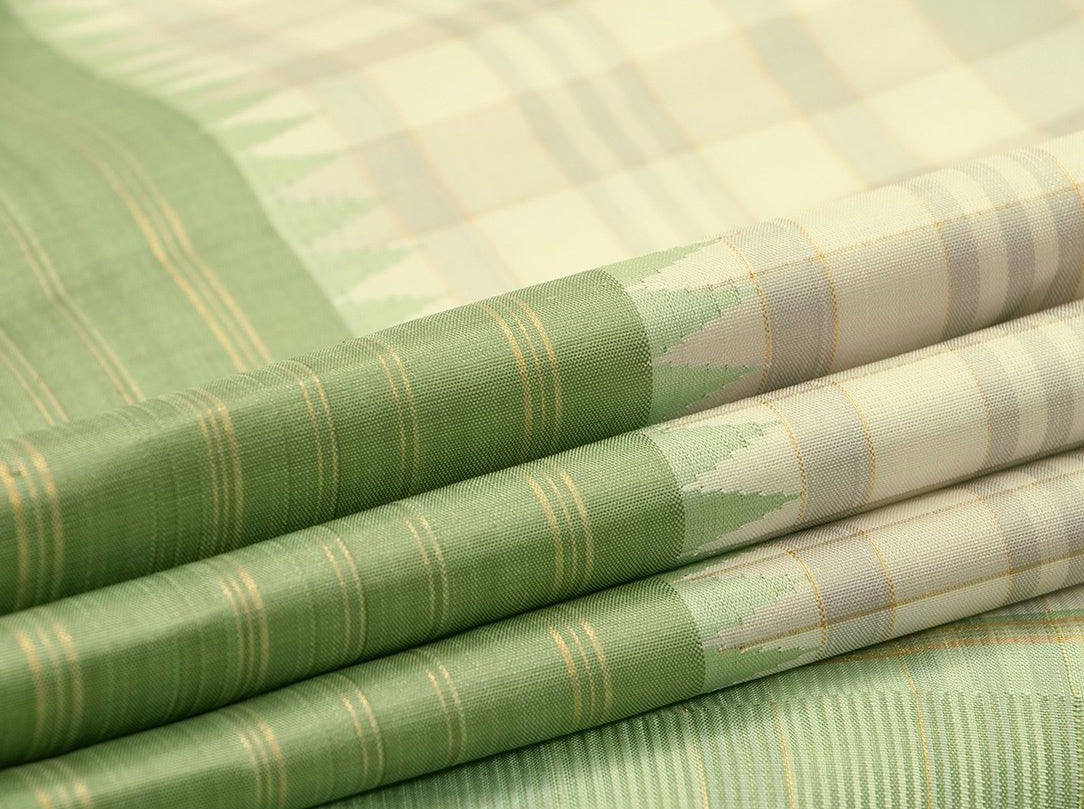 Off White And Elachi Green Kanchipuram Silk Saree With Medium Border Handwoven Pure Silk For Festive Wear PV NYC 1006 - Silk Sari - Panjavarnam