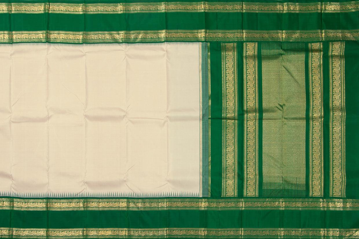 Off White And Green Kanchipuram Silk Saree With Medium Border Handwoven Pure Silk For Wedding Wear PV NYC 1030 - Silk Sari - Panjavarnam