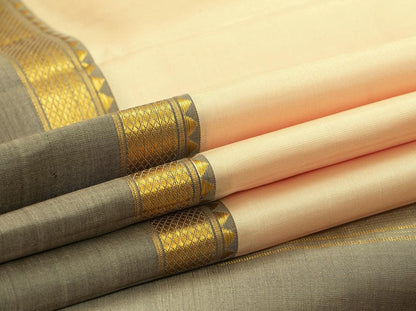 Off White And Grey Kanchipuram Silk Saree Handwoven Pure Silk Light Weight With Medium Border Casual Wear PV KNN 153 - Silk Sari - Panjavarnam
