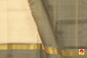 Off White And Grey Kanchipuram Silk Saree Handwoven Pure Silk Light Weight With Medium Border Casual Wear PV KNN 153 - Silk Sari - Panjavarnam PV KNN 153