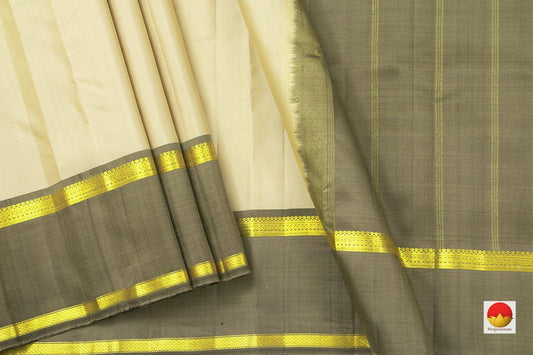 Off White And Grey Kanchipuram Silk Saree Handwoven Pure Silk Light Weight With Medium Border Office Wear PV KNN 164 - Silk Sari - Panjavarnam
