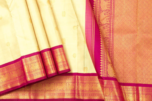 Off White And Pink Kanchipuram Silk Saree With Medium Border Handwoven Pure Silk For Wedding Wear PV NYC 1096 - Silk Sari - Panjavarnam