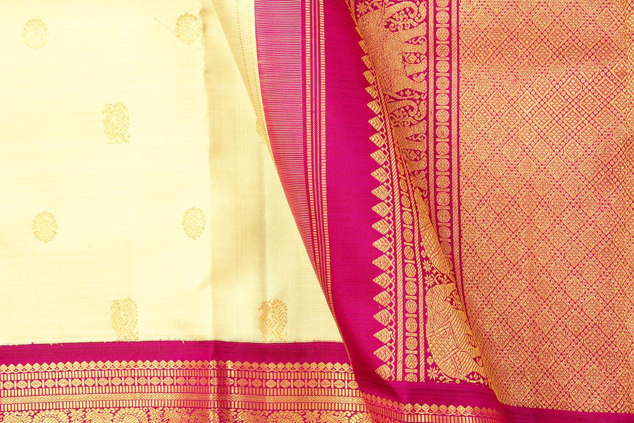 Off White And Pink Kanchipuram Silk Saree With Medium Border Handwoven Pure Silk For Wedding Wear PV NYC 1096 - Silk Sari - Panjavarnam