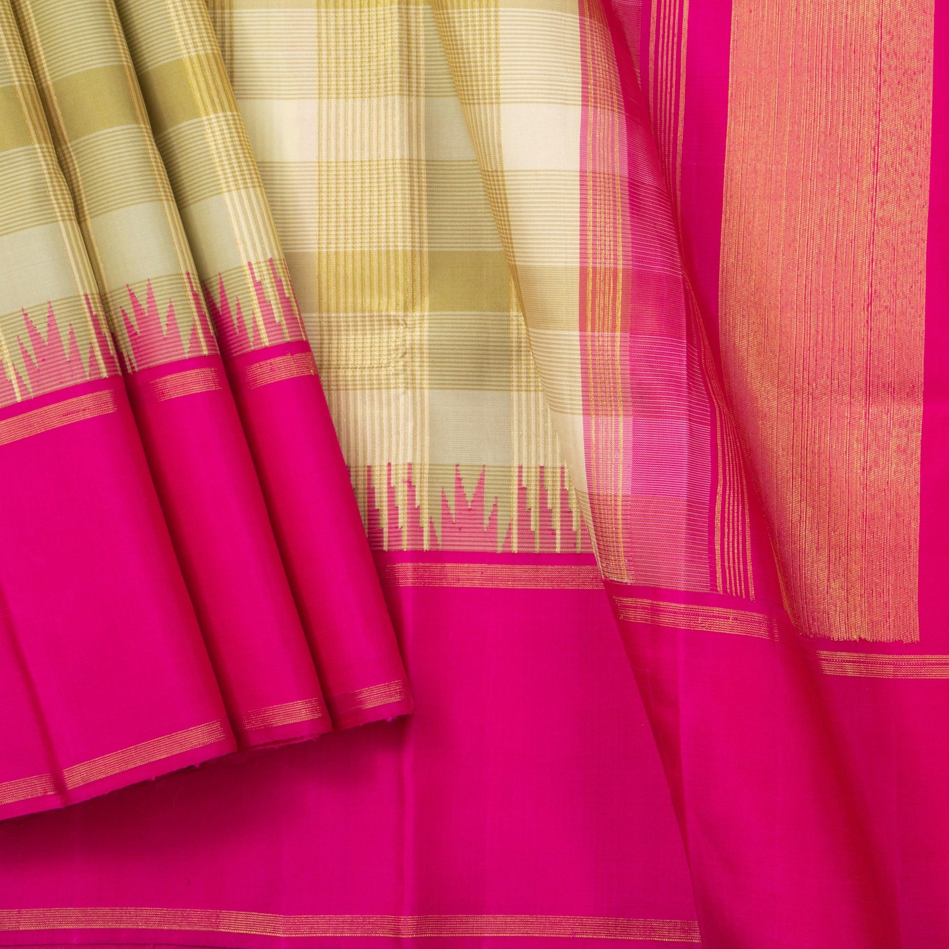 Off White And Pink Kanchipuram Silk Saree With Medium Border Handwoven Pure Silk For Wedding Wear PV NYC 1220 - Silk Sari - Panjavarnam PV NYC 1220