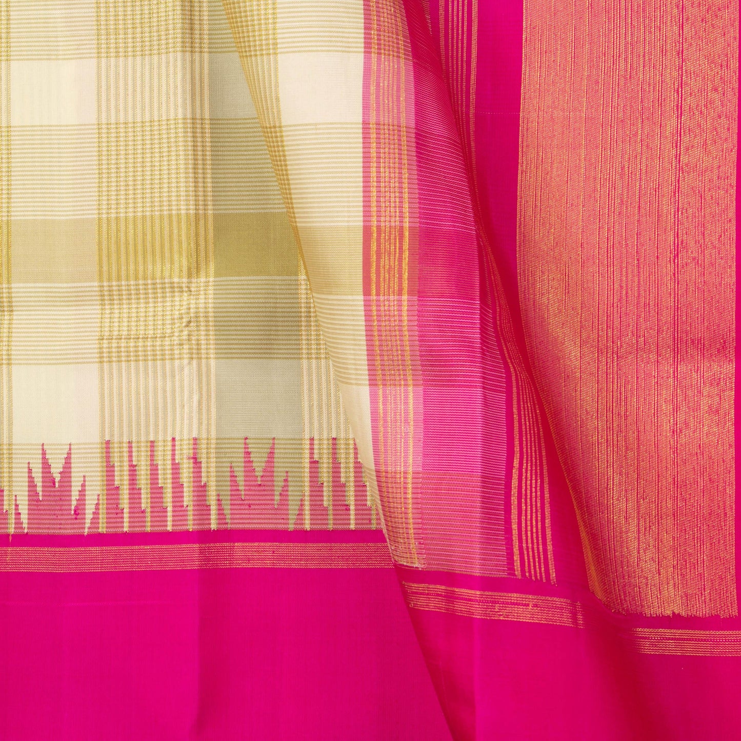 Off White And Pink Kanchipuram Silk Saree With Medium Border Handwoven Pure Silk For Wedding Wear PV NYC 1220 - Silk Sari - Panjavarnam PV NYC 1220