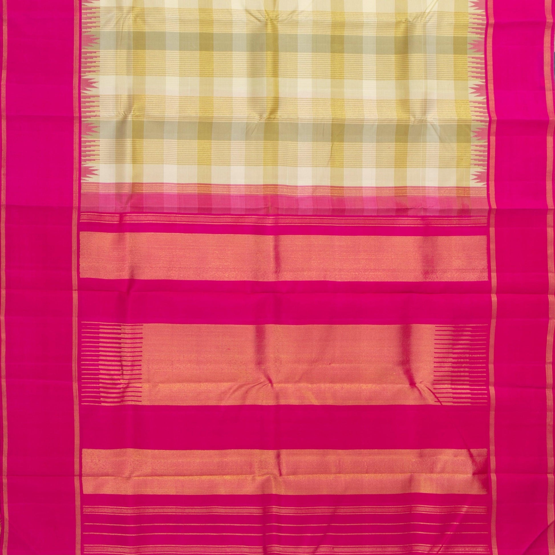 Off White And Pink Kanchipuram Silk Saree With Medium Border Handwoven Pure Silk For Wedding Wear PV NYC 1220 - Silk Sari - Panjavarnam PV NYC 1220