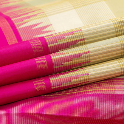 Off White And Pink Kanchipuram Silk Saree With Medium Border Handwoven Pure Silk For Wedding Wear PV NYC 1220 - Silk Sari - Panjavarnam PV NYC 1220