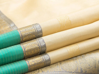 Off White And Sea Green Kanchipuram Silk Saree Handwoven Pure Silk Pure Zari For Festive Wear PV RM 444 - Silk Sari - Panjavarnam