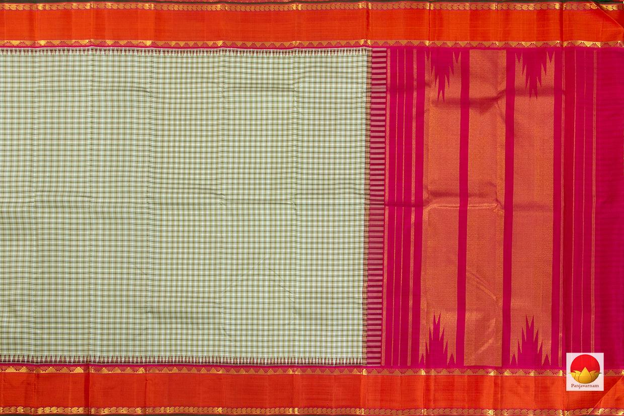 Off White Checked Kanchipuram Silk Saree With Red Korvai Temple Border Handwoven Pure Silk Pure Zari For Festive Wear PV J 6730 - Silk Sari - Panjavarnam