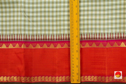 Off White Checked Kanchipuram Silk Saree With Red Korvai Temple Border Handwoven Pure Silk Pure Zari For Festive Wear PV J 6730 - Silk Sari - Panjavarnam