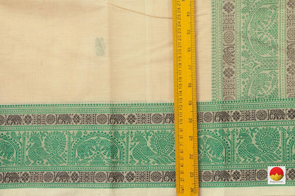 Off White Kanchi Cotton Saree With Green Silk Thread Border For Office Wear PV KC 403 - Cotton Saree - Panjavarnam