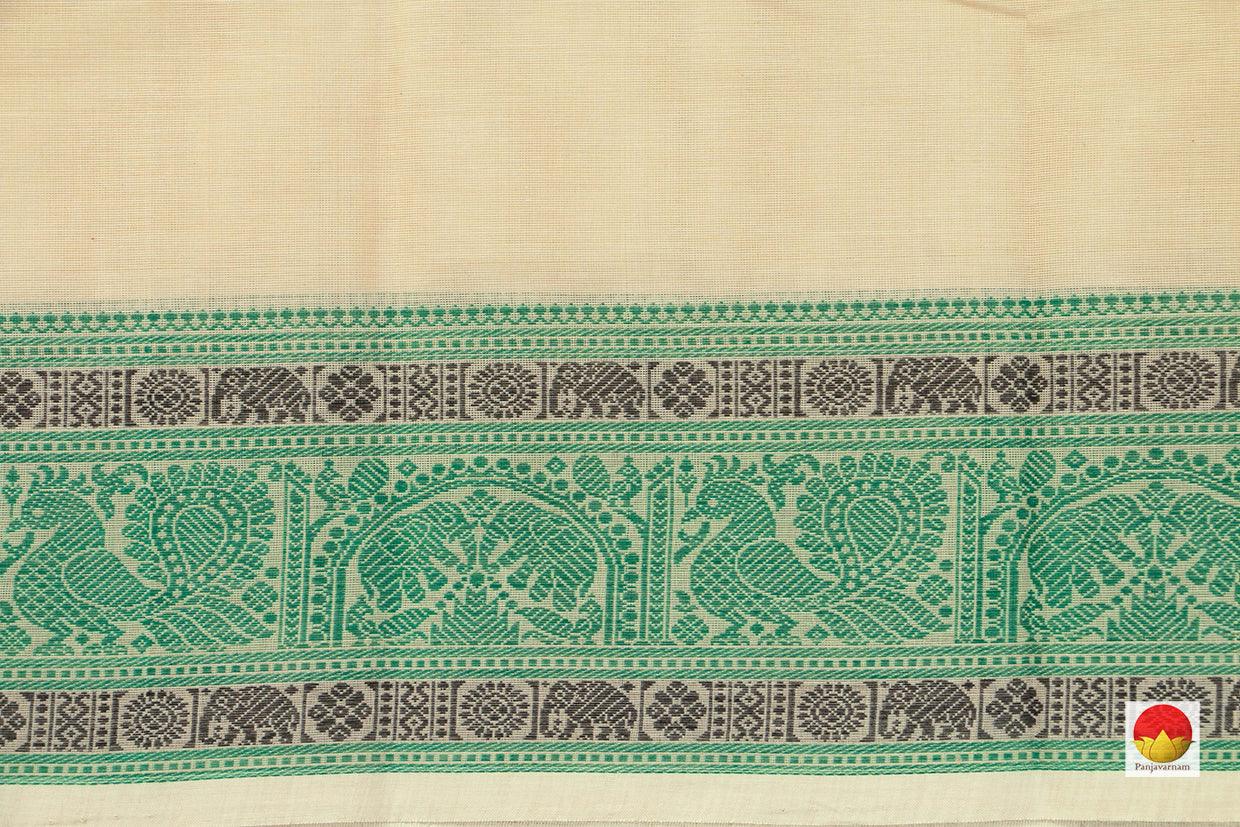 Off White Kanchi Cotton Saree With Green Silk Thread Border For Office Wear PV KC 403 - Cotton Saree - Panjavarnam