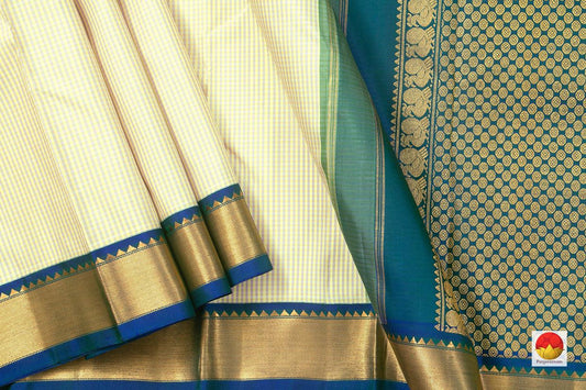 Off White Kanchipuram Silk Saree Blue Korvai Border Handwoven Pure Silk Pure Zari For Weddings -PV J 7273 - - Panjavarnam