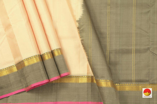Off White Kanchipuram Silk Saree Handwoven Pure Silk Light Weight With Medium Border Casual Wear PV KNN 153 - Silk Sari - Panjavarnam