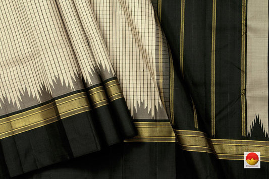 Off White Kanchipuram Silk Saree Handwoven Pure Silk Light Weight With Medium Border Office Wear PV KNN 185 - Silk Sari - Panjavarnam