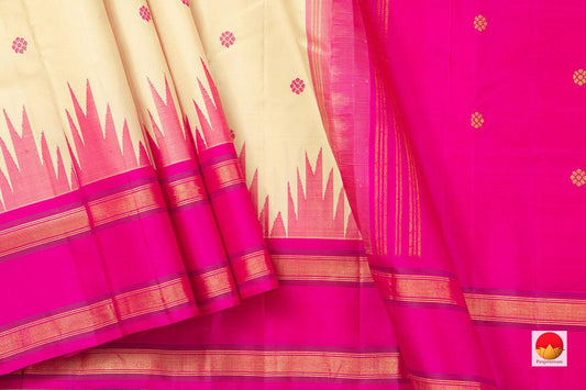 Off White Kanchipuram Silk Saree Handwoven Pure Silk Temple Border Pure Zari PV KNN 198 - Silk Sari - Panjavarnam