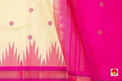 Off White Kanchipuram Silk Saree Handwoven Pure Silk Temple Border Pure Zari PV KNN 198 - Silk Sari - Panjavarnam PV KNN 198