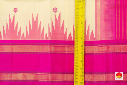 Off White Kanchipuram Silk Saree Handwoven Pure Silk Temple Border Pure Zari PV KNN 198 - Silk Sari - Panjavarnam PV KNN 198