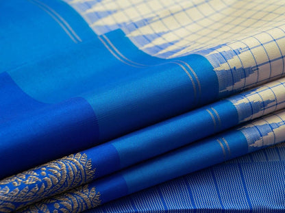 Off White Kanchipuram Silk Saree With a Contrast Blue Border Handwoven Pure Silk Pure Zari For Festive Wear PV NYC 928 - Silk Sari - Panjavarnam