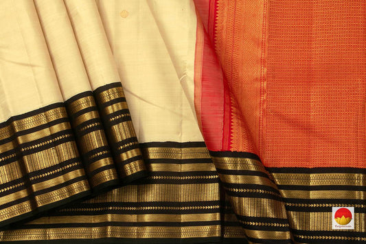 Off White Kanchipuram Silk Saree With Black Contrast Korvai Border Handwoven Pure Silk Pure Zari For Wedding Wear PV NYC 644 - Silk Sari - Panjavarnam