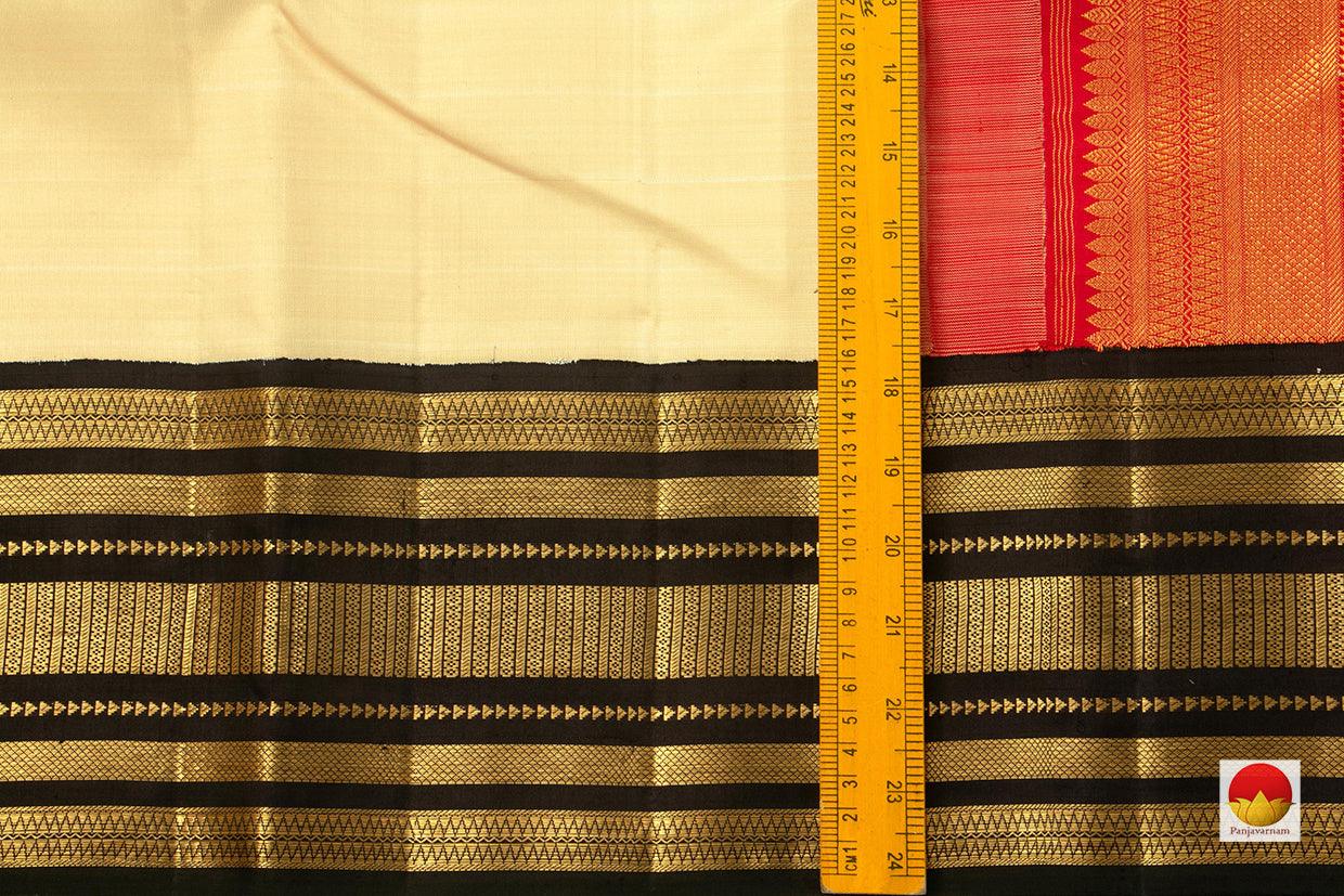 Off White Kanchipuram Silk Saree With Black Contrast Korvai Border Handwoven Pure Silk Pure Zari For Wedding Wear PV NYC 644 - Silk Sari - Panjavarnam