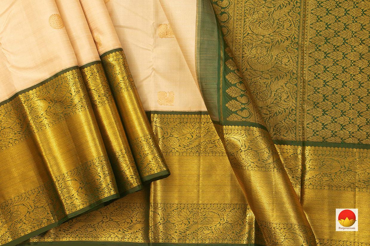 Off White Kanchipuram Silk Saree With Green Korvai Border Handwoven Pure Silk Pure Zari For Weddings - PV J 3210 - Silk Sari - Panjavarnam PV J 3210