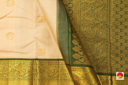 Off White Kanchipuram Silk Saree With Green Korvai Border Handwoven Pure Silk Pure Zari For Weddings - PV J 3210 - Silk Sari - Panjavarnam PV J 3210