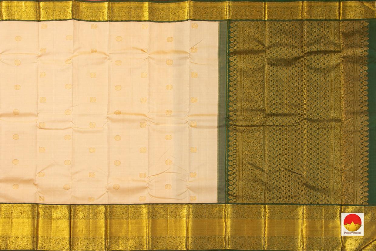 Off White Kanchipuram Silk Saree With Green Korvai Border Handwoven Pure Silk Pure Zari For Weddings - PV J 3210 - Silk Sari - Panjavarnam PV J 3210