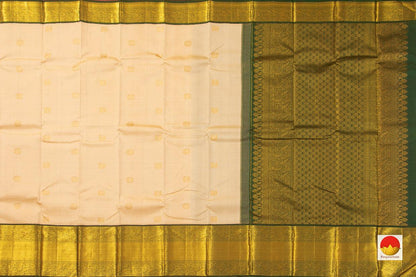 Off White Kanchipuram Silk Saree With Green Korvai Border Handwoven Pure Silk Pure Zari For Weddings - PV J 3210 - Silk Sari - Panjavarnam PV J 3210