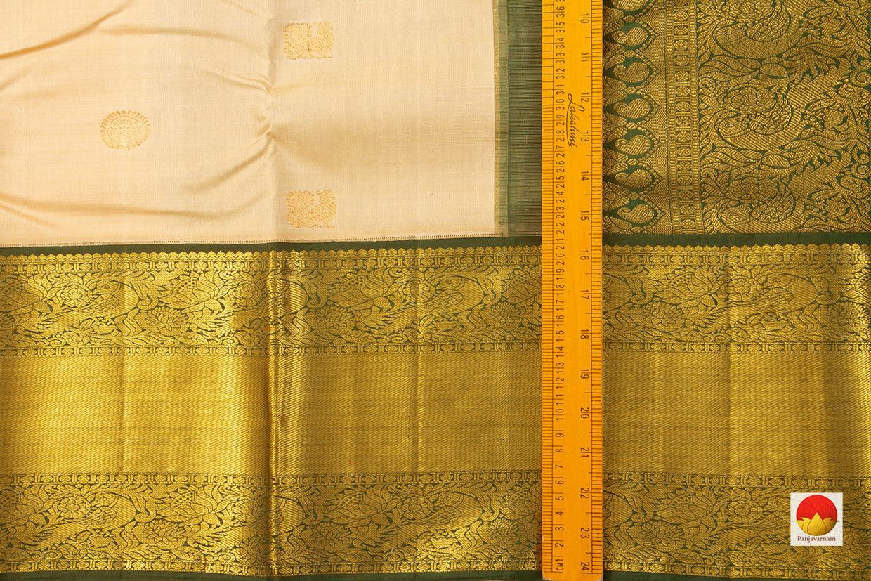 Off White Kanchipuram Silk Saree With Green Korvai Border Handwoven Pure Silk Pure Zari For Weddings - PV J 3210 - Silk Sari - Panjavarnam PV J 3210