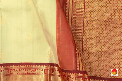Off White Kanchipuram Silk Saree With Maroon Korvai Border Handwoven Pure Silk And Pure Zari For Weddings - PV J 7269 - Silk Sari - Panjavarnam