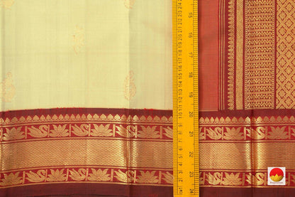 Off White Kanchipuram Silk Saree With Maroon Korvai Border Handwoven Pure Silk And Pure Zari For Weddings - PV J 7269 - Silk Sari - Panjavarnam