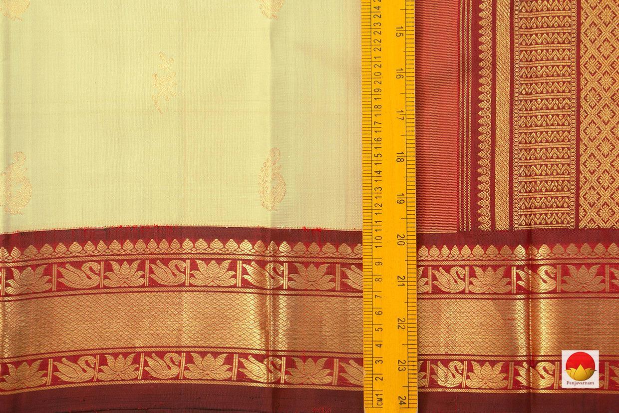 Off White Kanchipuram Silk Saree With Maroon Korvai Border Handwoven Pure Silk And Pure Zari For Weddings - PV J 7269 - Silk Sari - Panjavarnam PV J 7269